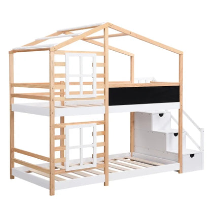 Twin Over Twin Etagenbett Hausbett mit Dachfenster, Tafel und Stauraum, Leiterplattformbett, Bettgestell