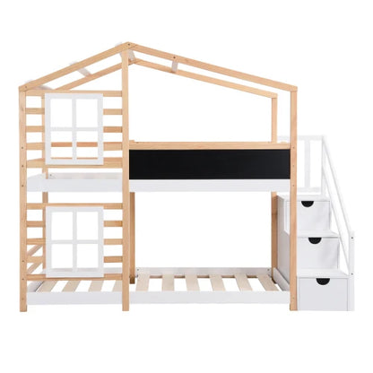 Twin Over Twin Etagenbett Hausbett mit Dachfenster, Tafel und Stauraum, Leiterplattformbett, Bettgestell