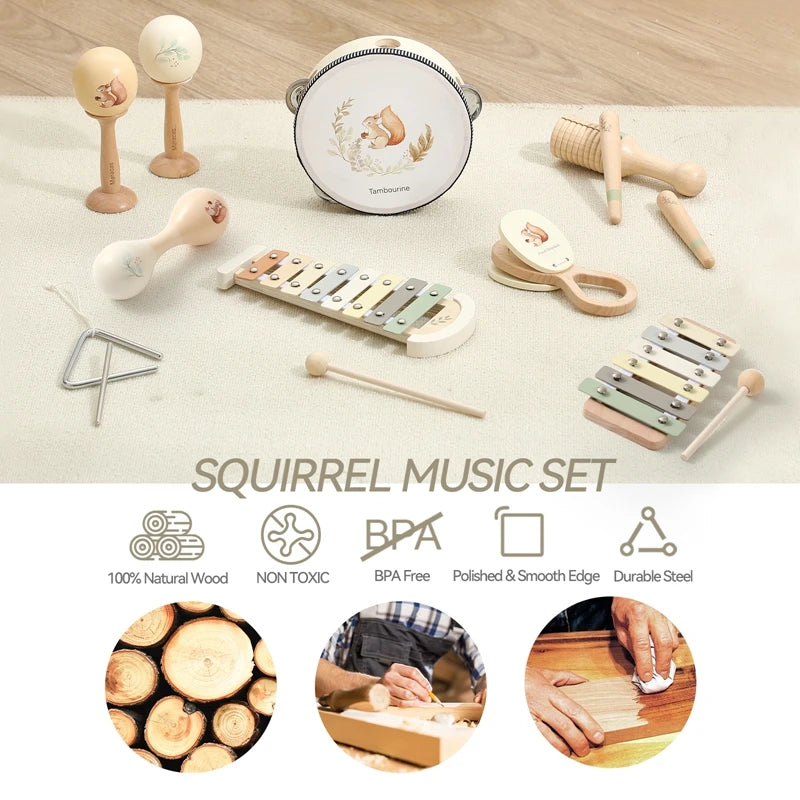 Montessori-Musikinstrumente aus Holz für Babys, Xylophon, Rassel, Trommel, Musikaufhaltung, Lernspielzeug, Weihnachtsgeschenk
