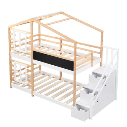 Twin Over Twin Etagenbett Hausbett mit Dachfenster, Tafel und Stauraum, Leiterplattformbett, Bettgestell
