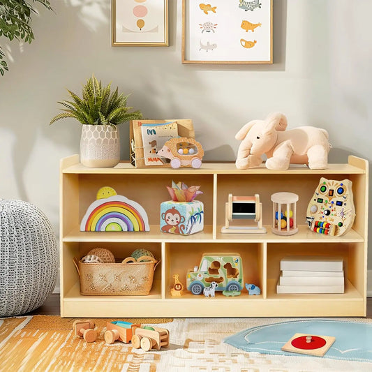Spielzeug-Aufbewahrungsorganisator aus Holz mit 5 Abschnitten, Kinder-Bücherregal für Spielzimmer, Kinderzimmer, natürliches Finish