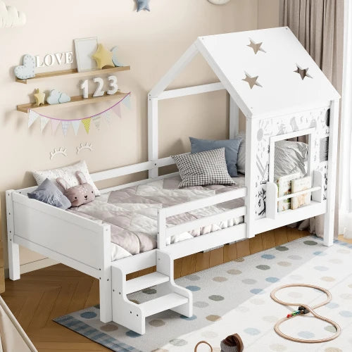 Weißes Einzelbett mit Treppe – Massivholz, sternförmiges Dach, integriertes Bücherregal und Fenster