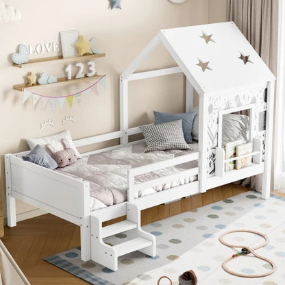 Weißes Einzelbett mit Treppe – Massivholz, sternförmiges Dach, integriertes Bücherregal und Fenster