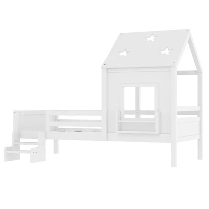 Weißes Einzelbett mit Treppe – Massivholz, sternförmiges Dach, integriertes Bücherregal und Fenster