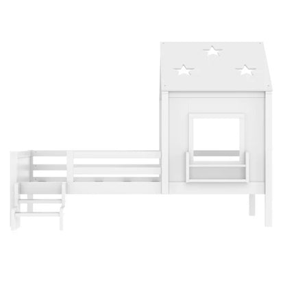Weißes Einzelbett mit Treppe – Massivholz, sternförmiges Dach, integriertes Bücherregal und Fenster