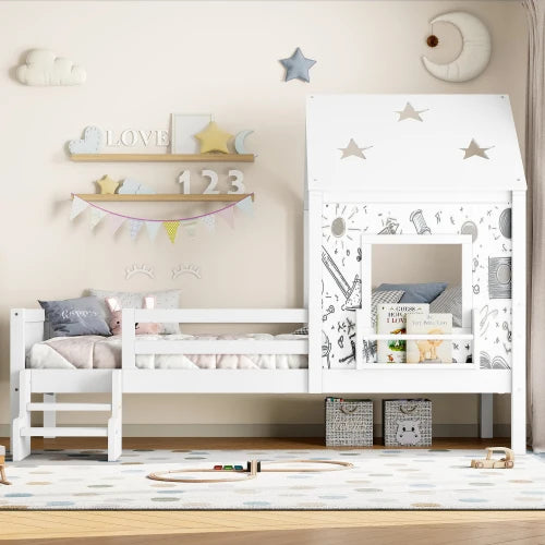 Weißes Einzelbett mit Treppe – Massivholz, sternförmiges Dach, integriertes Bücherregal und Fenster