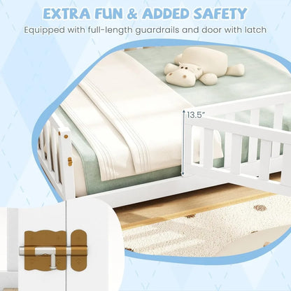 Bodenbett in voller Größe für Kinder, niedriges Montessori-Bett mit Holzlatten und Sicherheitsgeländer, Vollbodenbetten aus Massivholz mit Fe