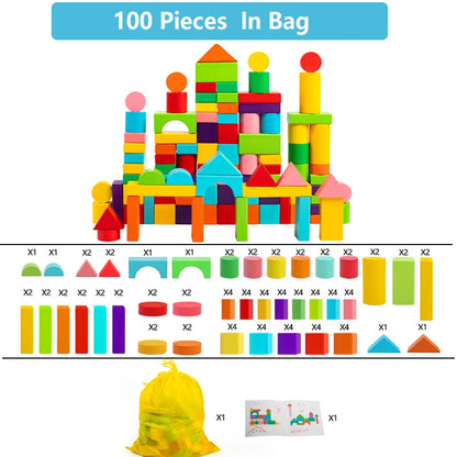 Holzbausteine-Set mit Aufbewahrungstasche, Holzspielzeug für Kinder, zusammengebaute Bausteine, frühes Lernspielzeug für Kinder