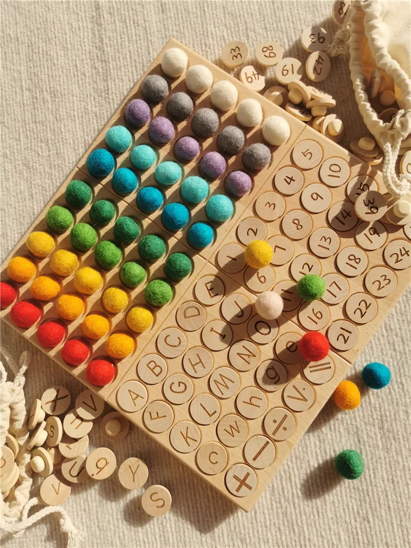 Montessori Sinnes Holzspielzeug Buche Caculate Halbtablett Hundert Brett mit Filzkugeln Alphabete Zahlen Kreatives Spielen