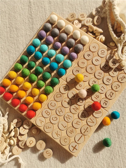Montessori Sinnes Holzspielzeug Buche Caculate Halbtablett Hundert Brett mit Filzkugeln Alphabete Zahlen Kreatives Spielen