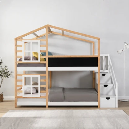 Twin Over Twin Etagenbett Hausbett mit Dachfenster, Tafel und Stauraum, Leiterplattformbett, Bettgestell