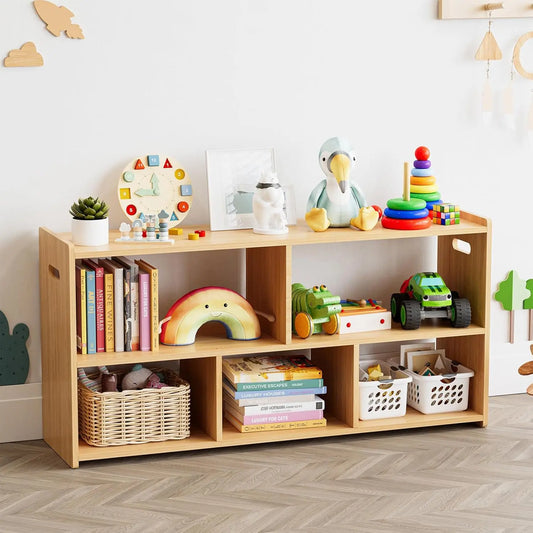 5-Fächer Holz-Bücherregal für Kinder, Montessori-Bücherregal mit Stauraum für Spielzimmer und Klassenzimmer, Naturfinish, 113 cm Breit