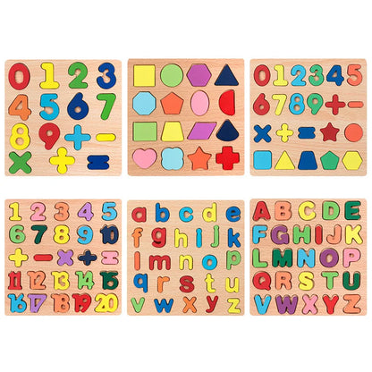 Kinder Puzzle Alphabet - Zahlen -Geometrische Formen aus Holz - Montessori Pädagogisches Spielzeug für Vorschulkinder