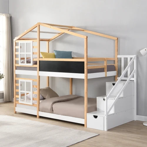 Twin Over Twin Etagenbett Hausbett mit Dachfenster, Tafel und Stauraum, Leiterplattformbett, Bettgestell