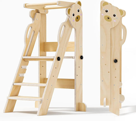 Lernturm ab 1 Jahr, Klappbarer Montessori-Lernturm aus Holz, Lernturm für Kinder, für Küche, Tisch, Bad