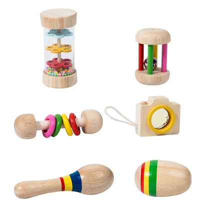 6 Teile/Satz Holz Musikinstrumente Spielzeug, Kleine Rassel, Sand Hammer, Sand Ball, Schütteln Glocke Kaleidoskop, greifen Praxis Spielzeug