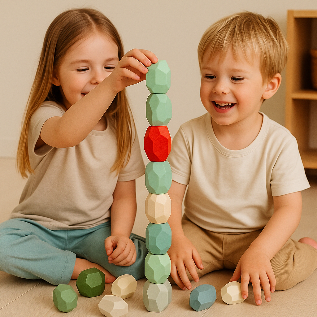 16 farbige Holz Stapelsteine - Kinder Balanciersteine für motorische Entwicklung