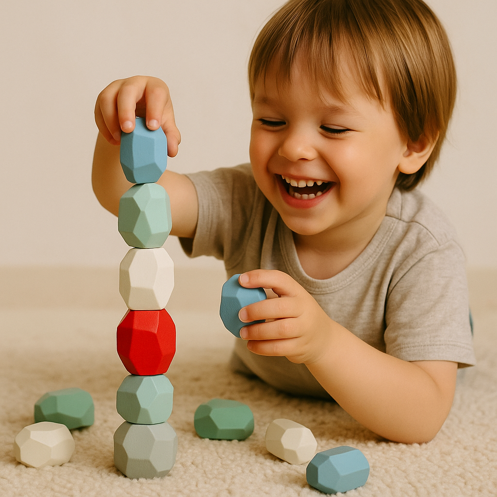 16 farbige Holz Stapelsteine - Kinder Balanciersteine für motorische Entwicklung